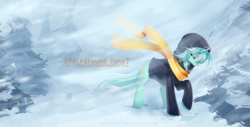Size: 1000x507 | Tagged: safe, artist:limreiart, lyra heartstrings, pony, unicorn, fanfic:background pony, g4, clothes, dig the swell hoodie, female, hoodie, raised hoof, sad, scarf, snow, solo, wind