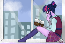 Size: 534x362 | Tagged: safe, artist:jessakitten, sci-twi, twilight sparkle, equestria girls, g4, book, female, missing shoes, solo