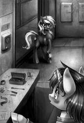 Size: 683x1000 | Tagged: safe, artist:limreiart, part of a set, oc, oc only, oc:littlepip, oc:velvet remedy, pony, unicorn, fallout equestria, black and white, clothes, fanfic, fanfic art, female, grayscale, horn, jumpsuit, mare, monochrome, pipbuck, raised hoof, tools, vault suit