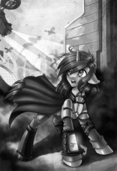 Size: 683x1000 | Tagged: safe, artist:limreiart, part of a set, oc, oc only, oc:littlepip, pony, unicorn, fallout equestria, armor, black and white, clothes, fanfic, fanfic art, female, grayscale, jumpsuit, mare, monochrome, pipbuck, solo, vault suit, wasteland