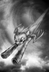 Size: 683x1000 | Tagged: safe, artist:limreiart, part of a set, derpy hooves, ghoul, pegasus, pony, fallout equestria, g4, epic derpy, female, flying, grayscale, mare, monochrome, solo, sonic rad-boom, underhoof