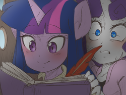 Size: 1600x1200 | Tagged: safe, artist:thegreatrouge, twilight sparkle, anthro, g4, gauntlet of fire, book, clothes, feather, hiding, journal, pen, pre sneeze, scene interpretation, that was fast, twilight sparkle (alicorn)