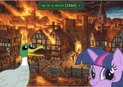 Size: 380x268 | Tagged: safe, derpibooru, 1666, derpimilestone, great fire of london, london, meta, op is a duck, reaction image, tags, wrong neighborhood