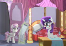 Size: 4092x2893 | Tagged: safe, artist:alexander56910, rarity, sweetie belle, g4, backwards cutie mark, chest fluff, cutie mark, ear fluff, female, magic, messy mane, room, sibling love, siblings, sisterly love, sisters, the cmc's cutie marks