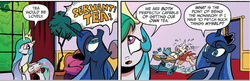 Size: 1096x355 | Tagged: safe, idw, official comic, kibitz, princess celestia, princess luna, alicorn, pony, unicorn, g4, reflections, comic, female, food, male, mare, royal sisters, stallion, tea