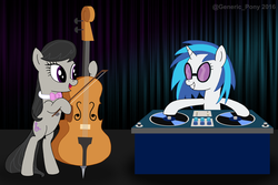 Size: 1024x683 | Tagged: safe, artist:bobbyjoedudley, dj pon-3, octavia melody, vinyl scratch, g4, cello, duo, musical instrument, turntable