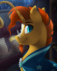 Size: 800x1000 | Tagged: safe, artist:silentwulv, sunburst, pony, unicorn, g4, book, constellation, glasses, looking at you, male, solo, stallion