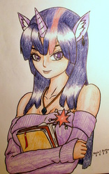 Size: 2574x4130 | Tagged: safe, artist:kevinthecrushinator, twilight sparkle, human, g4, book, cutie mark brooch, eared humanization, earring, female, horn, horned humanization, humanized, necklace, piercing, shoulderless, solo, traditional art