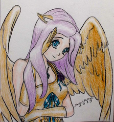 Size: 2430x2612 | Tagged: safe, artist:kevinthecrushinator, fluttershy, human, g4, clothes, dress, eared humanization, female, high res, humanized, solo, traditional art, winged humanization
