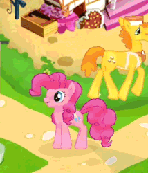 Size: 334x390 | Tagged: safe, gameloft, carrot cake, dj pon-3, hoity toity, pinkie pie, vinyl scratch, pony, g4, animated, behaving like a dog, cupcake, cute, dancing, diapinkes, food, game, gameloft is trying to murder us, gameloft shenanigans, puppy pie, sugarcube corner, tail wag