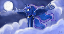 Size: 1366x728 | Tagged: safe, artist:gaelledragons, princess luna, g4, cloud, female, moon, night, solo, spread wings