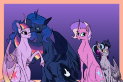 Size: 1200x800 | Tagged: safe, artist:notaguitarfret, princess luna, twilight sparkle, oc, oc:iremia, oc:sirius, alicorn, pony, g4, female, lesbian, magical lesbian spawn, mare, nuzzling, offspring, parent:princess luna, parent:twilight sparkle, parents:twiluna, ship:twiluna, shipping, twilight sparkle (alicorn), unshorn fetlocks