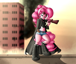 Size: 4000x3359 | Tagged: safe, artist:kelisah, pinkie pie, earth pony, anthro, unguligrade anthro, g4, belly button, boots, clothes, female, grin, gun, jacket, long coat, midriff, rifle, shorts, solo, trigger discipline, weapon