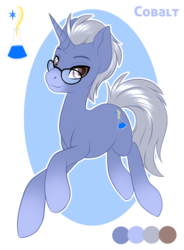 Size: 950x1289 | Tagged: safe, artist:silkensaddle, oc, oc only, oc:cobalt, pony, unicorn, glasses, reference sheet, solo