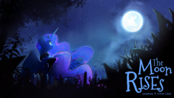 Size: 1920x1080 | Tagged: safe, artist:darkflame75, princess luna, alicorn, pony, the moon rises, g4, ethereal mane, female, grass, looking up, mare, moon, night, solo, spread wings, starry mane, wallpaper