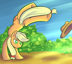 Size: 1024x919 | Tagged: safe, artist:dusthiel, applejack, g4, action pose, applejack's hat, backbend, female, handstand, hat, solo