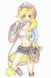 Size: 1024x1572 | Tagged: safe, artist:bunnywhiskerz, applejack, human, g4, abs, belly button, boots, clothes, daisy dukes, eared humanization, female, humanized, jacket, midriff, pony coloring, rope, short shirt, shorts, solo, sports bra, tailed humanization, traditional art