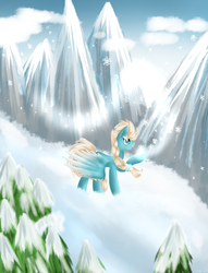 Size: 1024x1339 | Tagged: safe, artist:mufflinka, pony, elsa, frozen (movie), mountain, ponified, snow, snowfall, solo