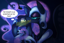 Size: 1200x800 | Tagged: source needed, safe, artist:maren, edit, nightmare moon, princess luna, g4, bad breath, bedroom eyes, crying, duality, gritted teeth, holding, open mouth, scared, smiling, wide eyes