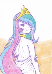 Size: 2468x3480 | Tagged: safe, artist:deeemperor, princess celestia, human, g4, bathing, female, high res, humanized, looking back, naked towel, pony coloring, solo, towel, traditional art, wet