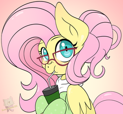 Size: 1816x1683 | Tagged: safe, artist:appletaffy, fluttershy, g4, alternate hairstyle, clothes, drink, drinking, female, flutternerd, glasses, nerd, solo, straw