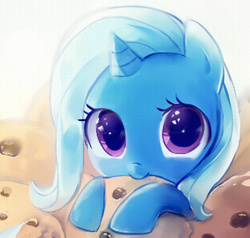 Size: 310x295 | Tagged: safe, artist:fallinasleep, trixie, pony, unicorn, g4, cookie, cute, diatrixes, female, filly, food, looking at you, mare, nom, ponies with cookies, smiling, solo