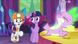 Size: 1920x1080 | Tagged: safe, screencap, rarity, spike, twilight sparkle, alicorn, pony, g4, gauntlet of fire, dirt, dirty, discovery family logo, female, glowing, helmet, mare, mining helmet, twilight sparkle (alicorn)