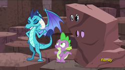Size: 1920x1080 | Tagged: safe, screencap, princess ember, rarity, spike, twilight sparkle, dragon, g4, gauntlet of fire, discovery family logo, disguise, dragoness, female, male, rock costume, twilight sparkle (alicorn)