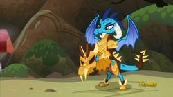 Size: 1277x713 | Tagged: safe, screencap, princess ember, dragon, g4, gauntlet of fire, adventure in the comments, armor, discovery family logo, dragon armor, female, smirk, solo
