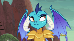 Size: 960x540 | Tagged: safe, screencap, princess ember, dragon, g4, gauntlet of fire, animated, discovery family logo, dragon armor, female, male, raised eyebrow, stubborn, talking