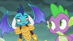 Size: 960x540 | Tagged: safe, screencap, princess ember, spike, dragon, g4, gauntlet of fire, animated, discovery family logo, dragon armor, talking