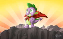 Size: 2560x1600 | Tagged: safe, artist:mysticalpha, spike, dragon, g4, gauntlet of fire, baby, baby dragon, cape, clothes, crepuscular rays, happy, male, smiling, solo