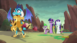 Size: 1920x1080 | Tagged: safe, screencap, princess ember, rarity, spike, twilight sparkle, alicorn, dragon, pony, g4, gauntlet of fire, discovery family logo, dragon armor, female, mare, seaweed, twilight sparkle (alicorn)