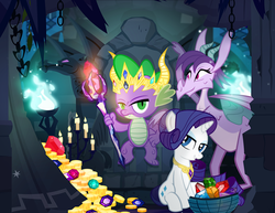Size: 1000x773 | Tagged: safe, artist:pixelkitties, prominence, rarity, spike, dragon, pony, unicorn, gauntlet of fire, alternate ending, alternate hairstyle, alternate timeline, bad end, bloodstone scepter, crown, dragon lord spike, dragoness, element of generosity, gem, gold, jewels, king, looking at you, necklace, scepter, throne, treasure, tyrant