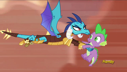 Size: 1920x1080 | Tagged: safe, screencap, princess ember, spike, dragon, g4, gauntlet of fire, discovery family logo, dragon armor, flying