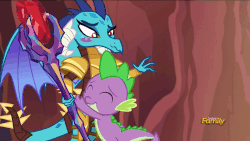 Size: 960x540 | Tagged: safe, screencap, princess ember, spike, dragon, gauntlet of fire, animated, armor, bloodstone scepter, blushing, cute, discovery family logo, dragon armor, dragon lord ember, emberbetes, eyes closed, hug, it's called a hug, petting, shipping fuel, smiling, tsundember, tsundere, wavy mouth