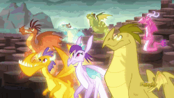 Size: 500x281 | Tagged: safe, screencap, amarant, baff, ballista, barry, billy, garble, prominence, rarity, rex, spike, twilight sparkle, vex, viverno, dragon, g4, gauntlet of fire, animated, discovery family logo, disguise, gif, twilight sparkle (alicorn)