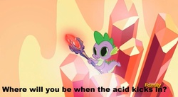 Size: 1663x911 | Tagged: safe, edit, edited screencap, screencap, spike, g4, gauntlet of fire, bloodstone scepter, bloodstoned spike, dilated pupils, discovery family logo, dragon lord spike, image macro, meme, where will you be when the drugs kick in?