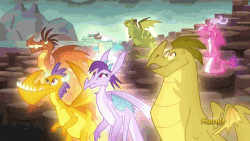 Size: 500x281 | Tagged: safe, screencap, amarant, ballista, barry, billy, prominence, rex, viverno, dragon, g4, gauntlet of fire, animated, background dragon, crying, discovery family logo, dragoness, female, gif, glowing, male, sad, teenaged dragon