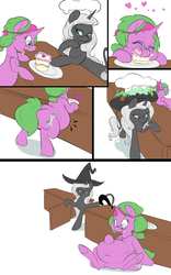 Size: 3300x5281 | Tagged: safe, artist:anonopony, oc, oc:gizmo gears, oc:salem cuisine, pony, unicorn, bakery, bandana, bedroom eyes, belly, belly button, cake, chef's hat, chubby, comic, eating, fat, food, glasses, hat, heart, magic, question mark, sitting, squishy, stuffing, surprised, tongue out, usb necklace, weight gain, witch hat