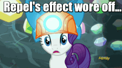 Size: 500x281 | Tagged: safe, screencap, rarity, bat, zubat, g4, gauntlet of fire, animated, bow, cave, discovery family logo, female, frown, gem, gem cave, hard hat, hat, helmet, image macro, meme, mining helmet, oh crap, open mouth, pokémon, solo, wide eyes