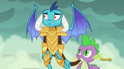 Size: 500x281 | Tagged: safe, screencap, princess ember, rarity, spike, twilight sparkle, dragon, g4, gauntlet of fire, animated, armor, discovery family logo, disguise, dragon armor, dragoness, female, subtitles, tree costume, twilight sparkle (alicorn)