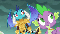 Size: 500x281 | Tagged: safe, screencap, princess ember, spike, dragon, g4, gauntlet of fire, animated, armor, discovery family logo, dragon armor, raised eyebrow, subtitles, tsundember, tsundere