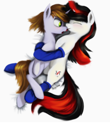 Size: 1640x1839 | Tagged: dead source, safe, artist:discordthege, oc, oc only, oc:blackjack, oc:littlepip, pony, unicorn, fallout equestria, fallout equestria: project horizons, bed, blushing, clothes, cutie mark, eyes closed, fanfic, fanfic art, female, glowing horn, hooves, horn, lesbian, licking, lying down, magic, male, mare, open mouth, simple background, socks, tongue out, white background