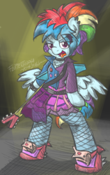 Size: 923x1458 | Tagged: safe, artist:flutterthrash, rainbow dash, pony, semi-anthro, equestria girls, friendship through the ages, g4, my little pony equestria girls: rainbow rocks, arm hooves, bipedal, clothes, electric guitar, equestria girls outfit, female, guitar, musical instrument, rainbow punk, solo
