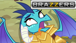 Size: 1276x716 | Tagged: safe, edit, edited screencap, screencap, princess ember, dragon, g4, gauntlet of fire, ahegao, brazzers, discovery family logo, dragon armor, female, open mouth