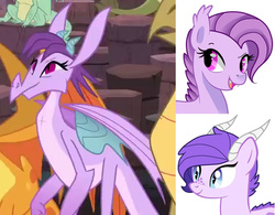 Size: 587x457 | Tagged: safe, edit, edited screencap, screencap, prominence, oc, oc:crystal clarity, oc:lavender, dracony, dragon, hybrid, g4, gauntlet of fire, dragoness, interspecies offspring, offspring, palindrome get, parent:rarity, parent:spike, parents:sparity
