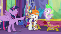 Size: 960x540 | Tagged: safe, screencap, rarity, spike, twilight sparkle, alicorn, pony, g4, gauntlet of fire, animated, discovery family logo, female, helmet, hoofy-kicks, loop, mare, mining helmet, rearing, scratching, twilight sparkle (alicorn)