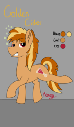 Size: 750x1280 | Tagged: safe, artist:koonzypony, oc, oc only, oc:golden cider, earth pony, pony, drunk, gay, male, reference sheet, stallion