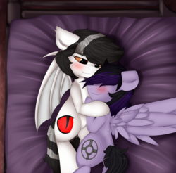 Size: 4072x4000 | Tagged: safe, oc, oc only, oc:kamaji, oc:thunder wave, pegasus, pony, vampony, absurd resolution, bed, bedroom eyes, blushing, commission, couple, ear piercing, eyes closed, fangs, gay, male, piercing, shipping, snuggling